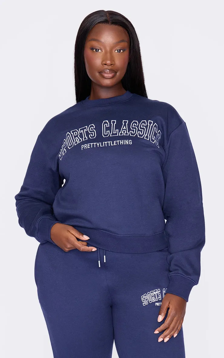 Plus Navy Sports Classic Embroidered Sweatshirt Hoodie with Slim Fit Tailored Modern