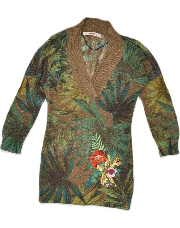 DESIGUAL Womens V-Neck Jumper Sweater UK 8 Small Khaki Floral Fitted Loose Oversized