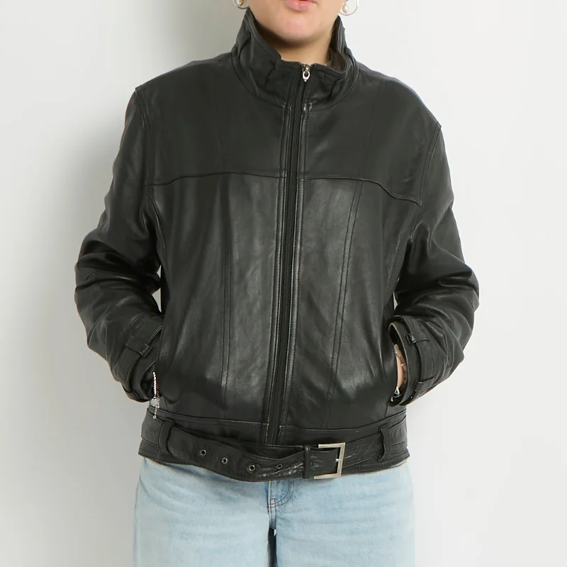 Belted Leather Zip Up Jacket - UK 10 Faux Fur Fabric Real Fur Fabric Shearling Fabric