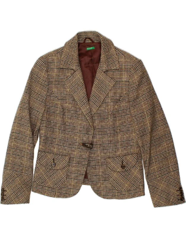 BENETTON Womens 1 Button Blazer Jacket IT 46 Large Brown Check Wool Front Pockets Side Pockets Patch Pockets