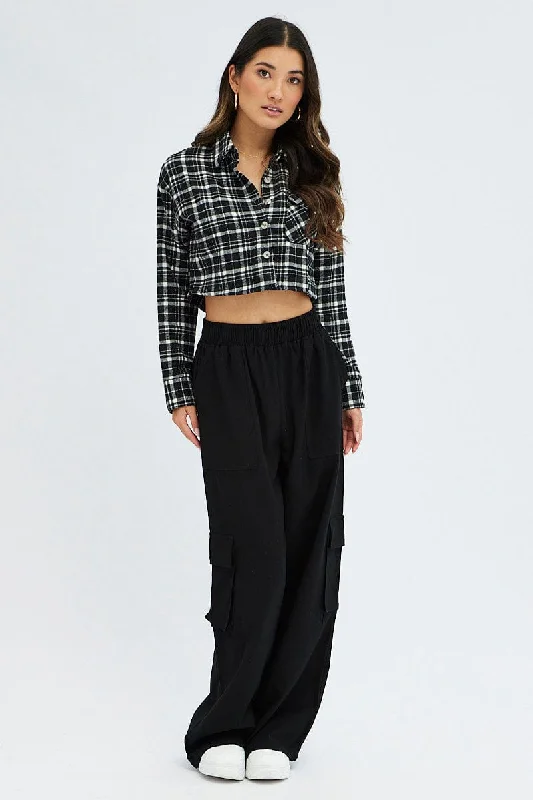 Black Check Crop Shacket Long Sleeve Collared Fleece