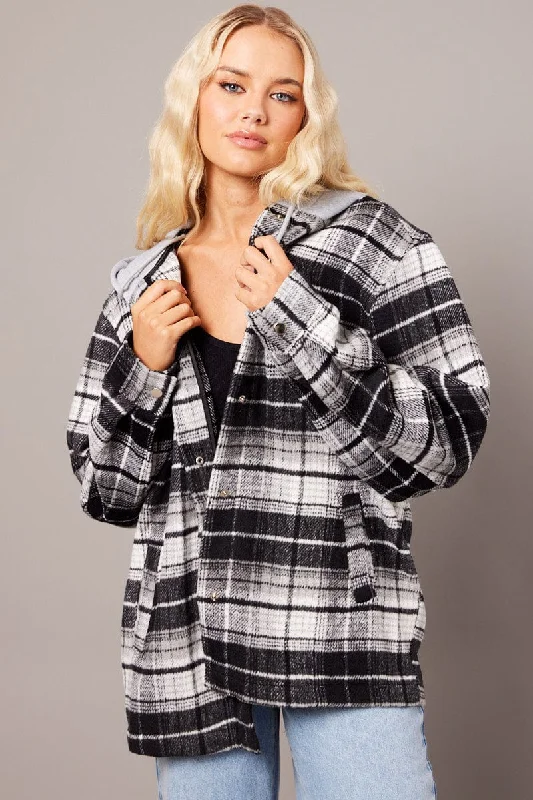 Black Check Hoodie Shacket Long Sleeve