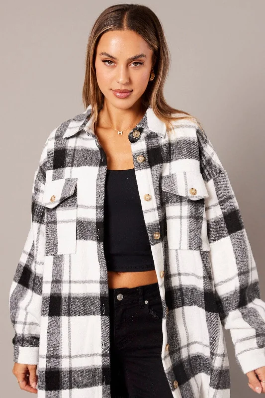 Black Check Long Shacket Long Sleeve