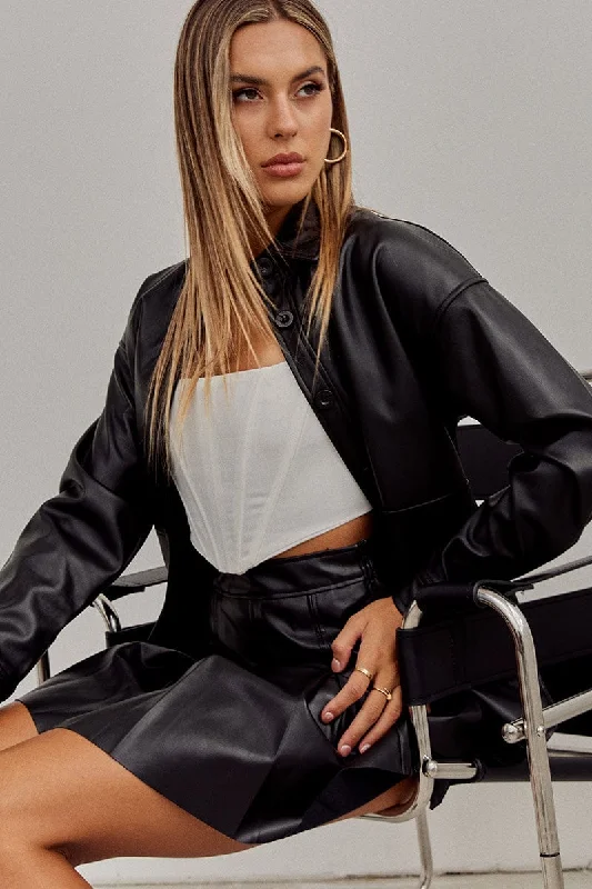 Black Faux Leather Shacket Long Sleeves