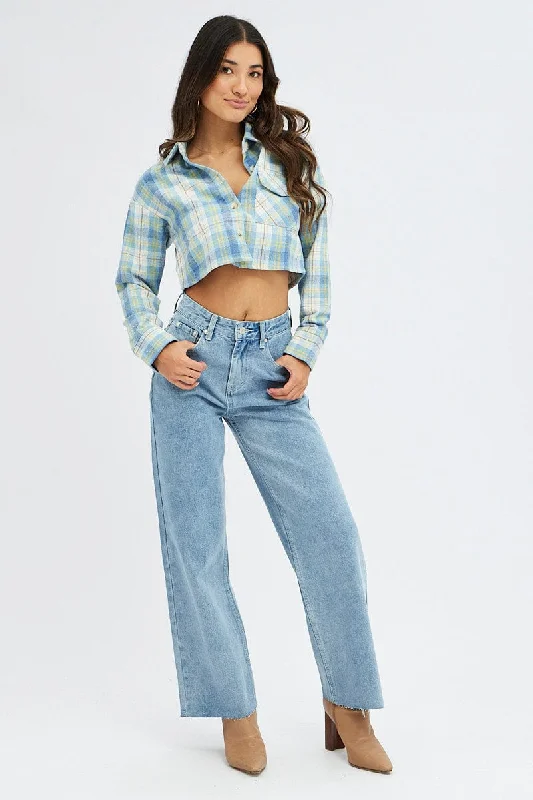 Blue Check Crop Shacket Long Sleeve Collared Fleece