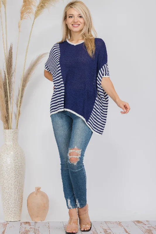 Blue Striped Pullover Poncho Style Sweater