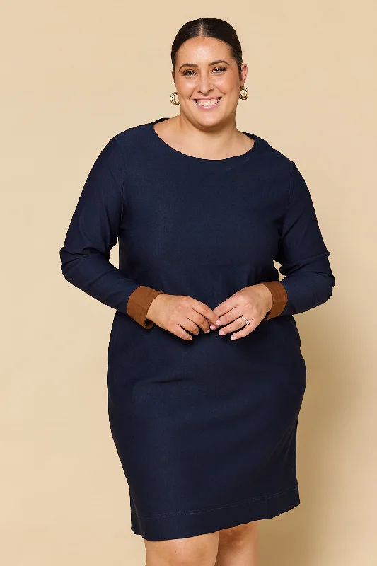 Boatneck Ponte Long Sleeve Dress in Navy