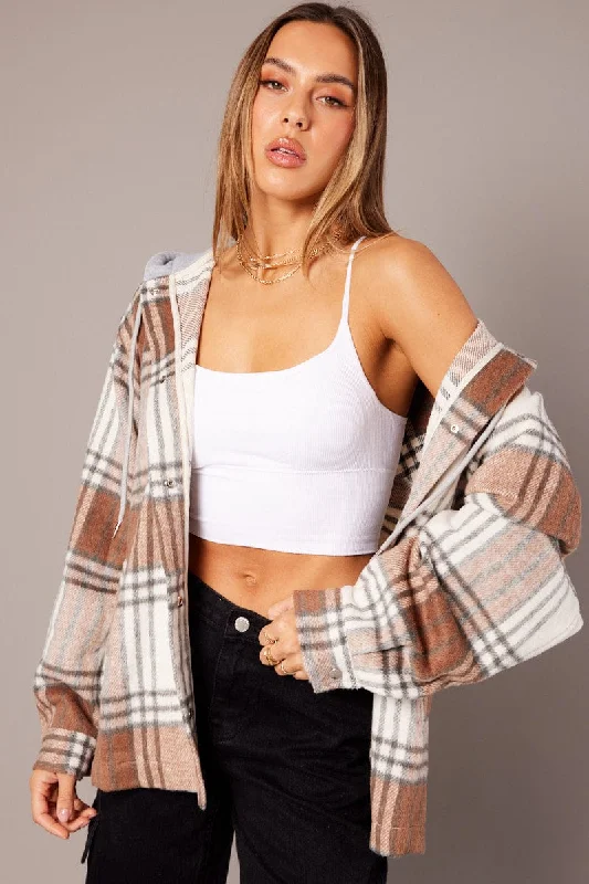 Brown Check Hoodie Shacket Long Sleeve