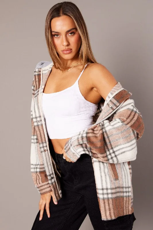 Brown Check Hoodie Shacket Long Sleeve