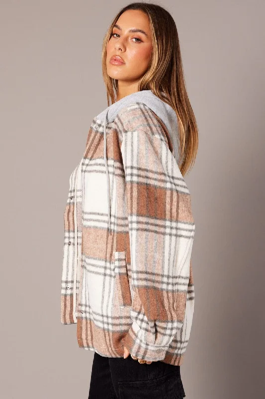 Brown Check Hoodie Shacket Long Sleeve