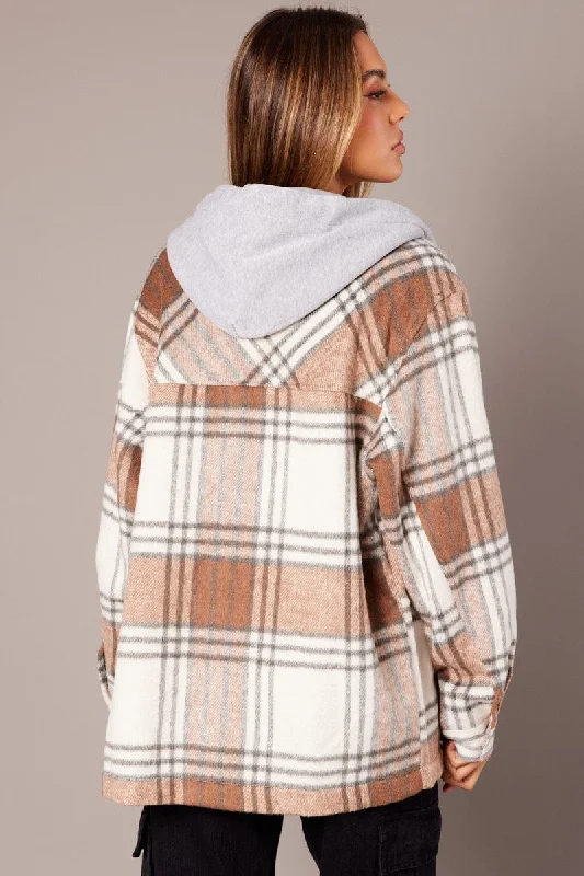 Brown Check Hoodie Shacket Long Sleeve