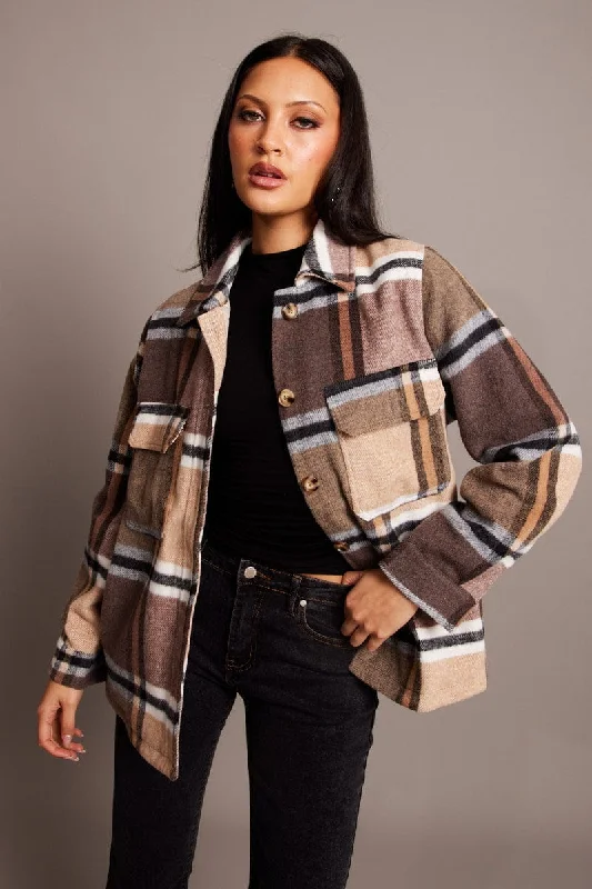 Brown Check Shacket Long Sleeve Lined