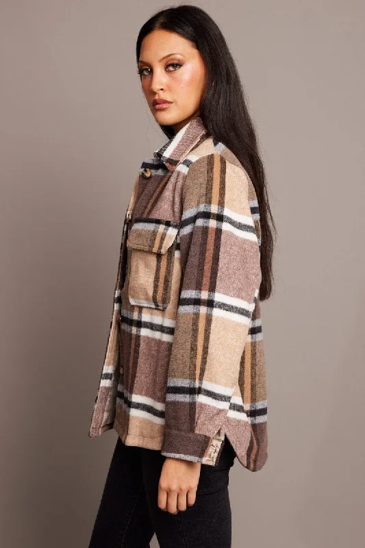 Brown Check Shacket Long Sleeve Lined