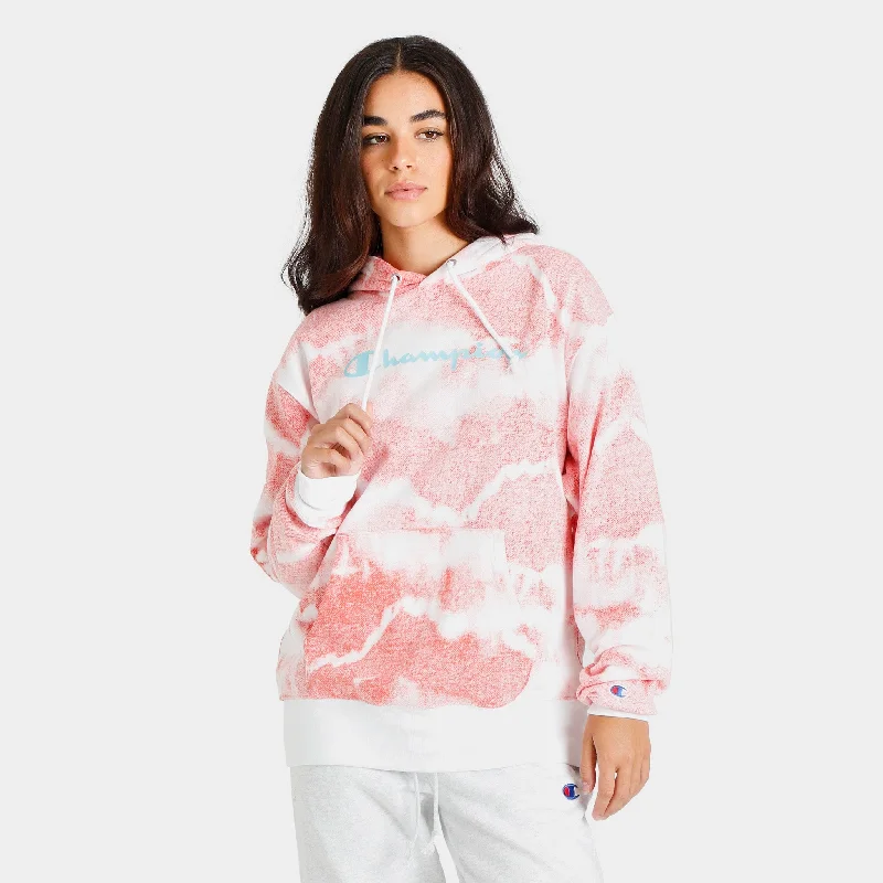 Champion Women’s Reverse Tie-Dye Fleece Pullover Hoodie Tie Dye Overflow White / Poppy Orange