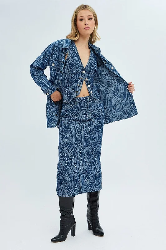 Denim Paisley Shacket Long Sleeve Collared Paisley Denim