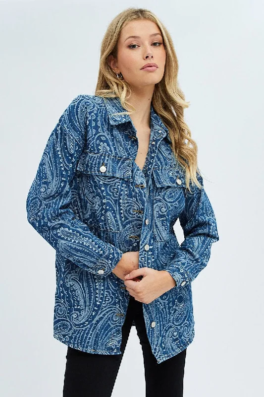 Denim Paisley Shacket Long Sleeve Collared Paisley Denim