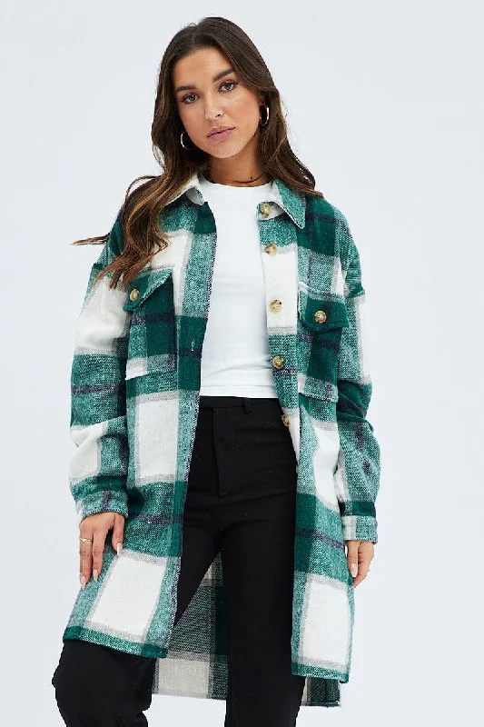 Green Check Long Shacket Long Sleeve