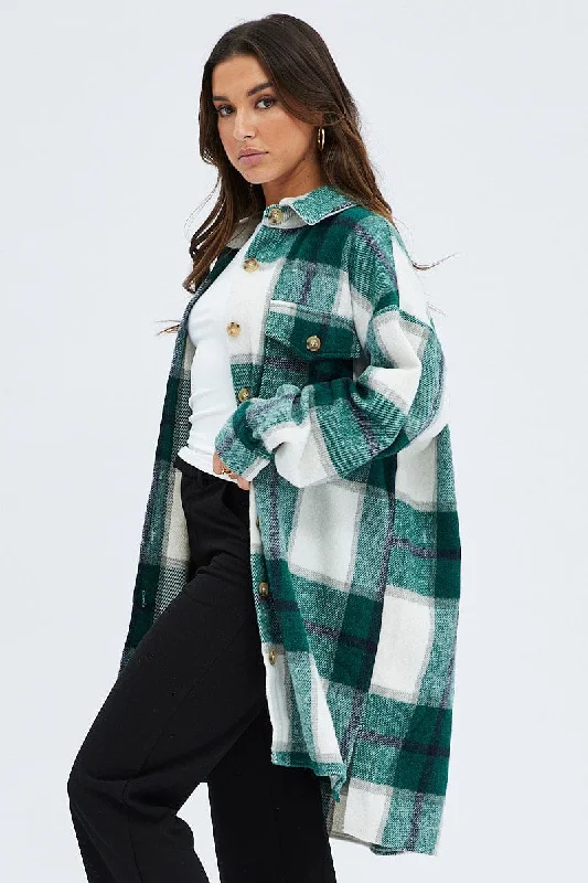 Green Check Long Shacket Long Sleeve