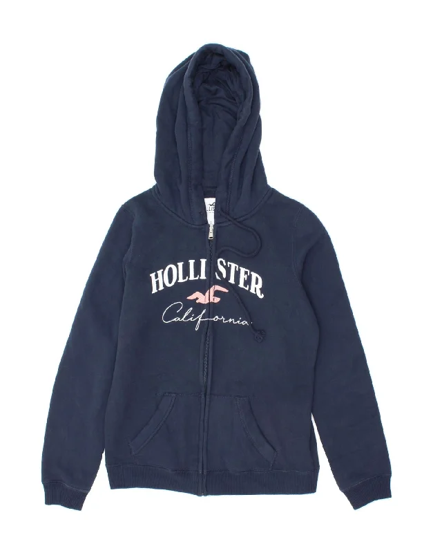 HOLLISTER Womens Graphic Zip Hoodie Sweater UK 10 Small Navy Blue Cotton