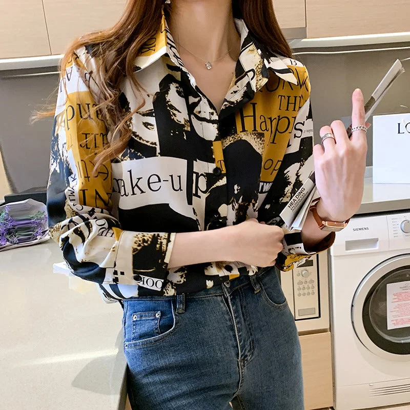 Hong Kong Style Printed Chiffon Long Sleeve Top