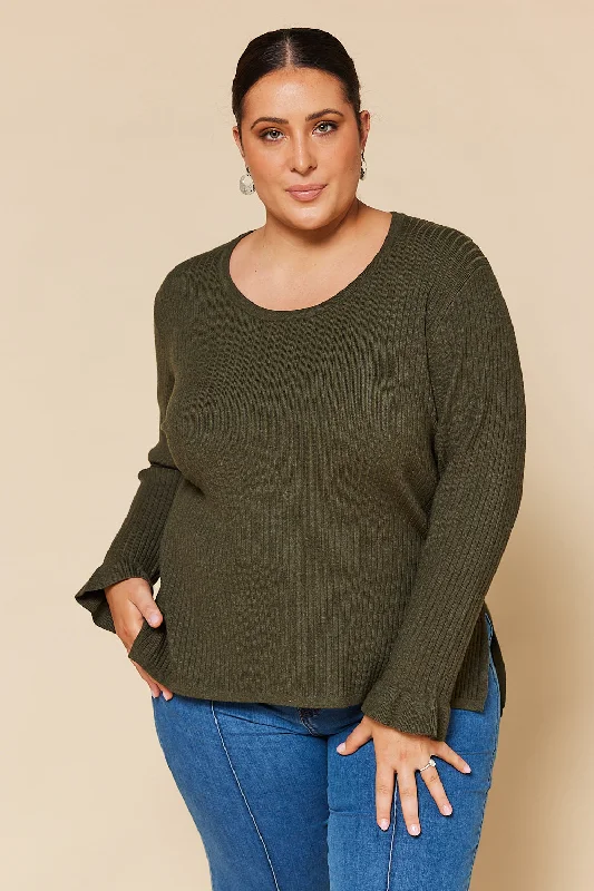 Long Sleeve Knitted Top in Khaki