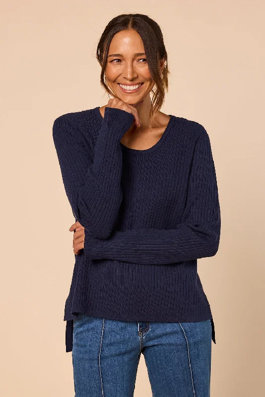 Long Sleeve Knitted Top in Navy