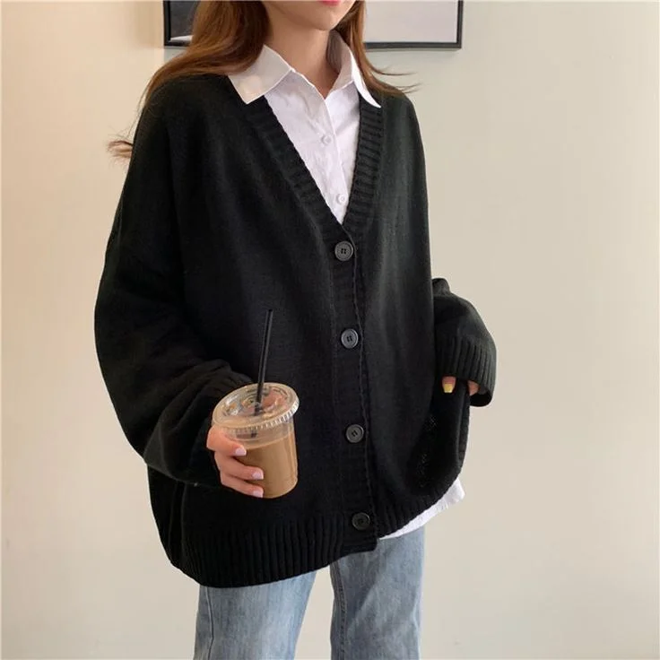 LOOSE V-NECK RETRO BUTTON KNITTED CARDIGAN SWEATER     S2787