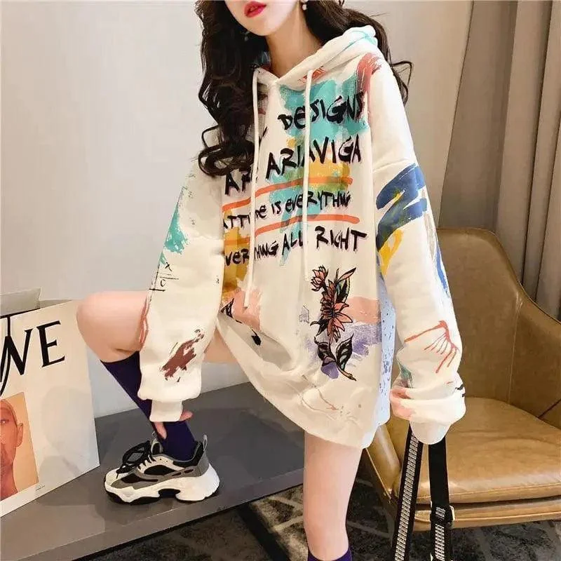 Hooded Thin Fleece Sweater For Female Students With Loose