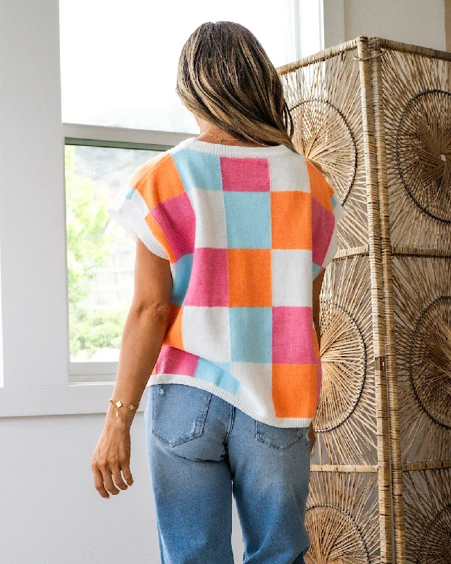 Shaylee Checkered Short Sleeve Sweater - Orange, Pink and Light Blue FINAL SALE