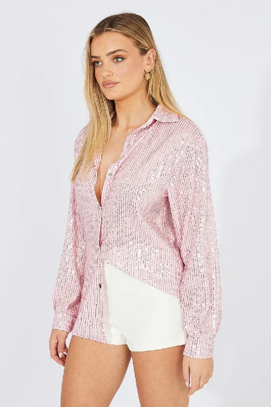 Pink Shacket Long Sleeve Sequins