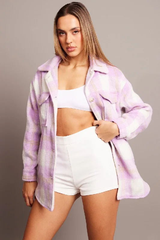 Purple Check Check Shacket Long Sleeve