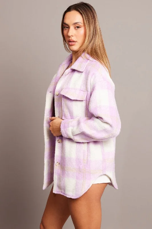 Purple Check Check Shacket Long Sleeve