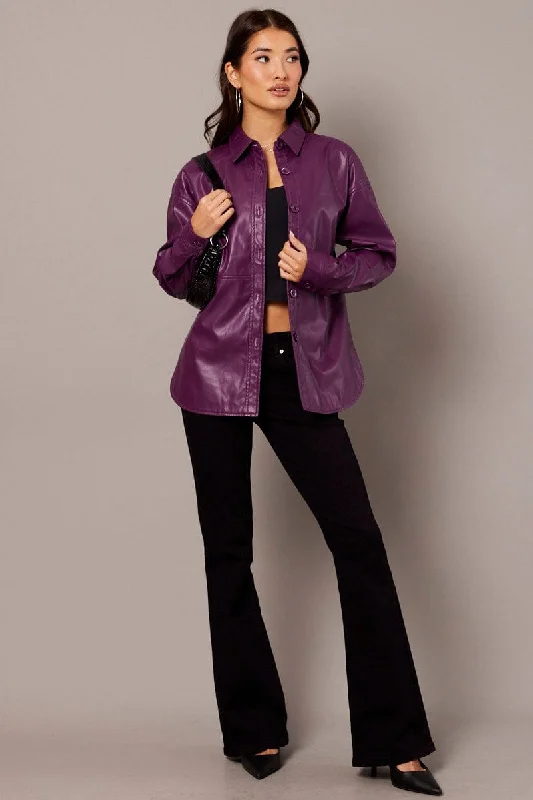 Purple Faux Leather Shacket Long Sleeves