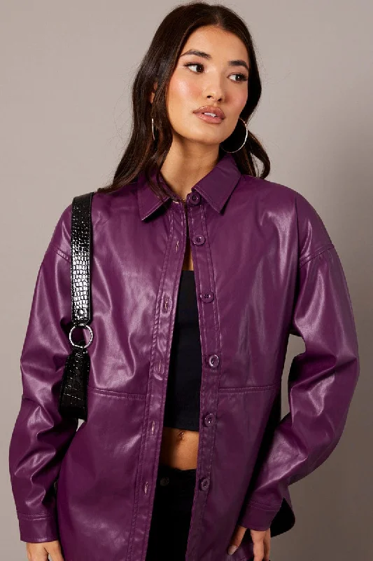 Purple Faux Leather Shacket Long Sleeves