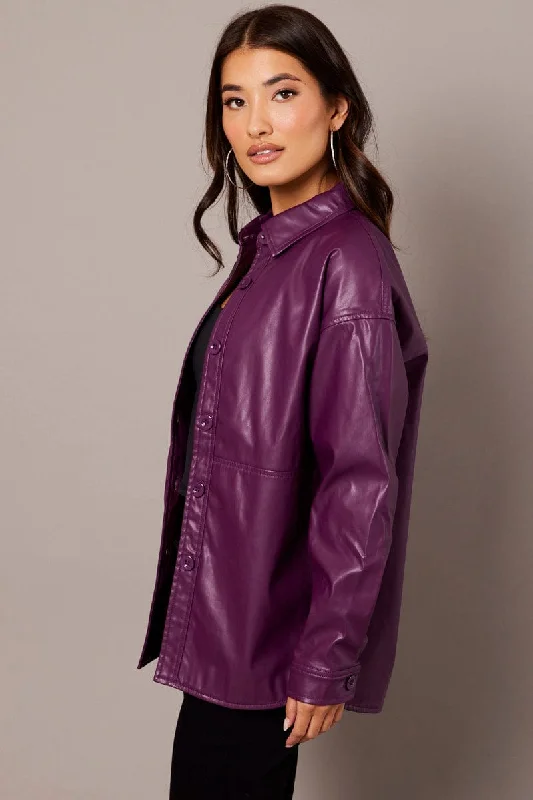 Purple Faux Leather Shacket Long Sleeves