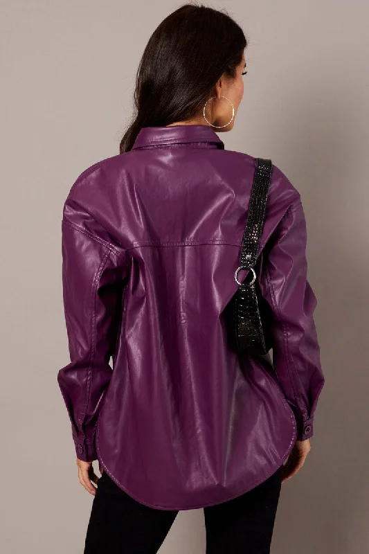 Purple Faux Leather Shacket Long Sleeves