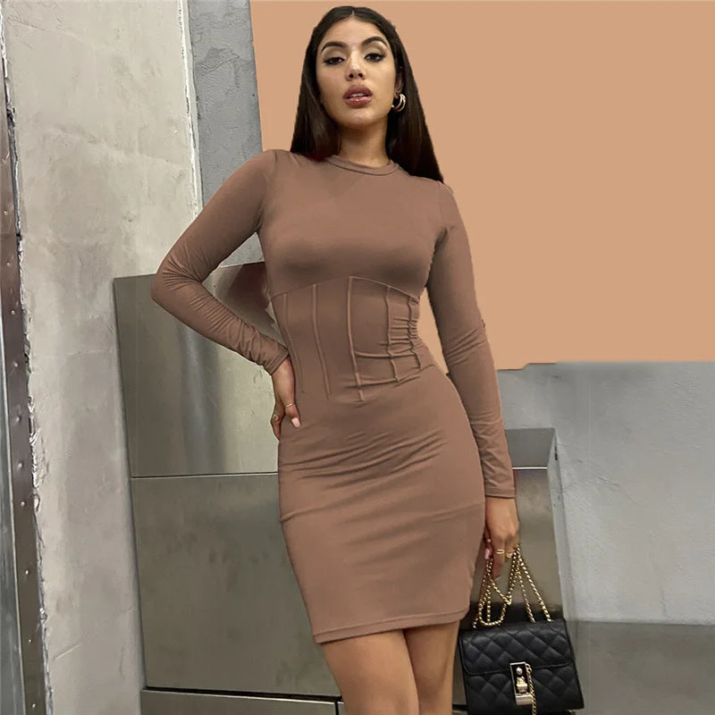 Sexy Long Sleeve Slim Pleated Dress Women