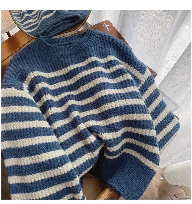 Striped long-sleeved sweater for women round neck top       S4913