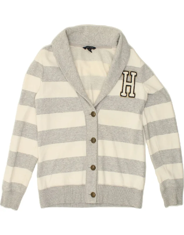 TOMMY HILFIGER Womens Graphic Cardigan Sweater UK 14 Medium Grey Striped