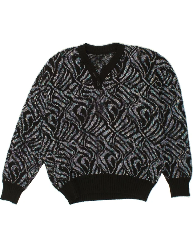 VINTAGE Womens Abstract Pattern V-Neck Jumper Sweater UK 16 Large Black