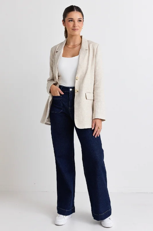 Aster Natural Linen Single Breasted Longline Blazer