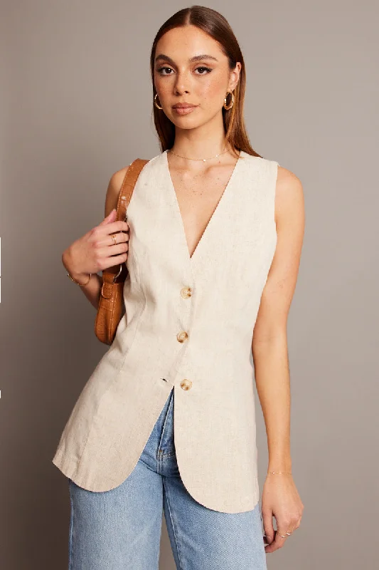 Beige Linen Vest Longline V Neck