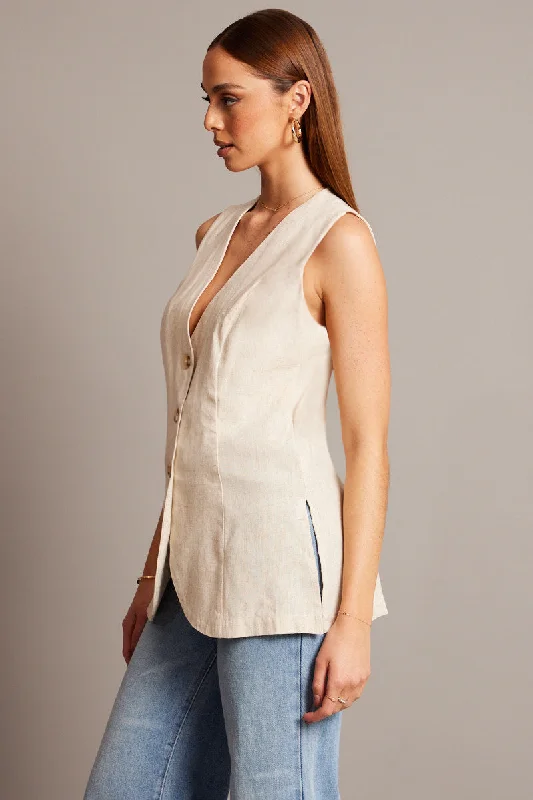 Beige Linen Vest Longline V Neck