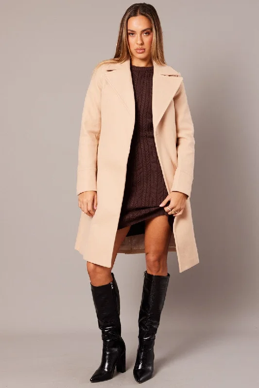 Beige Tie Front Coat Knee Length