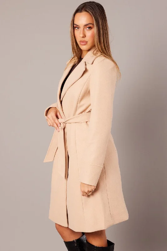 Beige Tie Front Coat Knee Length