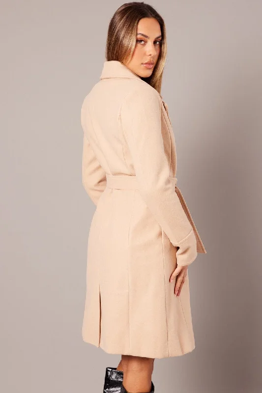 Beige Tie Front Coat Knee Length