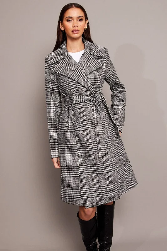 Black Check Tie Front Coat Knee Length