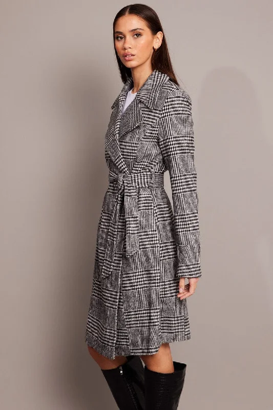 Black Check Tie Front Coat Knee Length