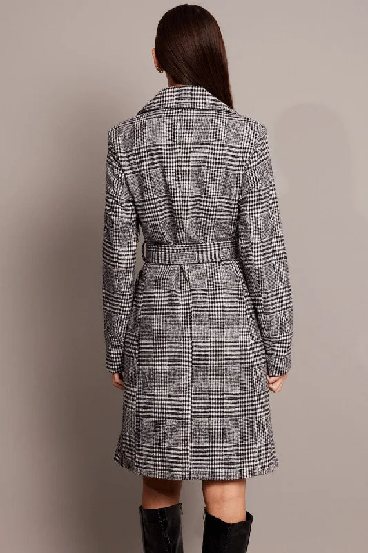 Black Check Tie Front Coat Knee Length