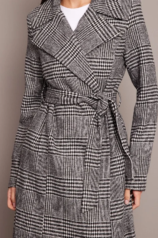 Black Check Tie Front Coat Knee Length